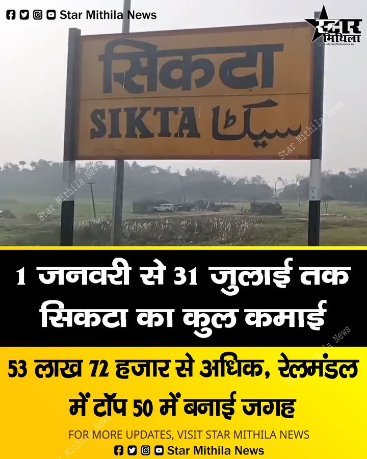 सिकटा रेलवे स्टेशन की कमाई में शानदार उछाल: 1 जनवरी से 31 जुलाई के बीच राजस्व 53 लाख के पार, टॉप 50 में शामिल