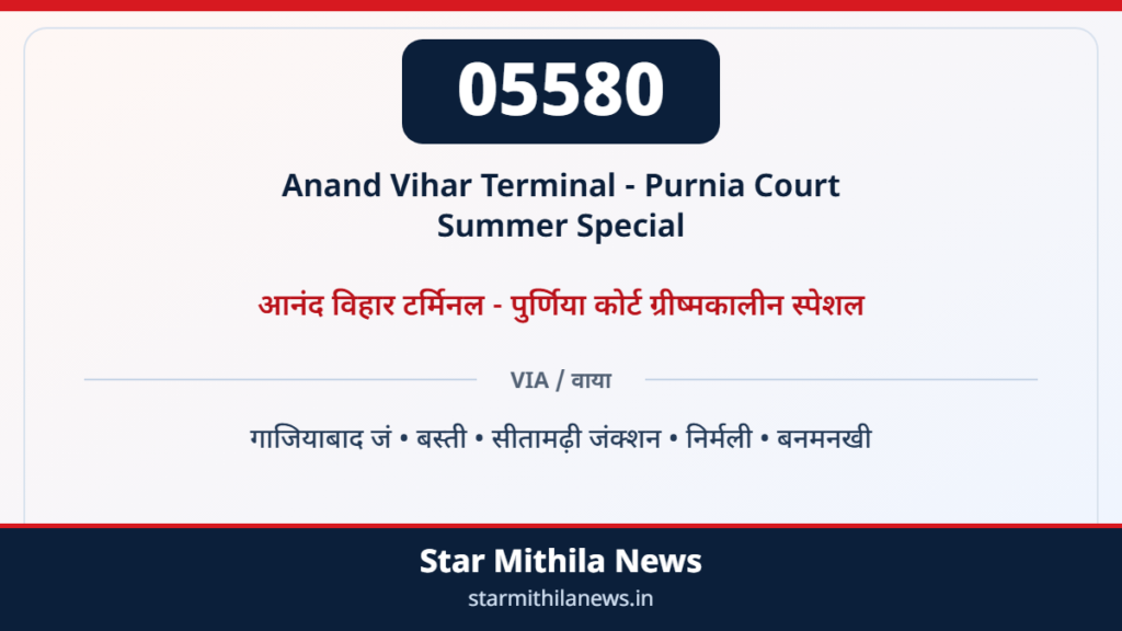 05580 आनंद विहार टर्मिनल – पुर्णिया कोर्ट ग्रीष्मकालीन स्पेशल