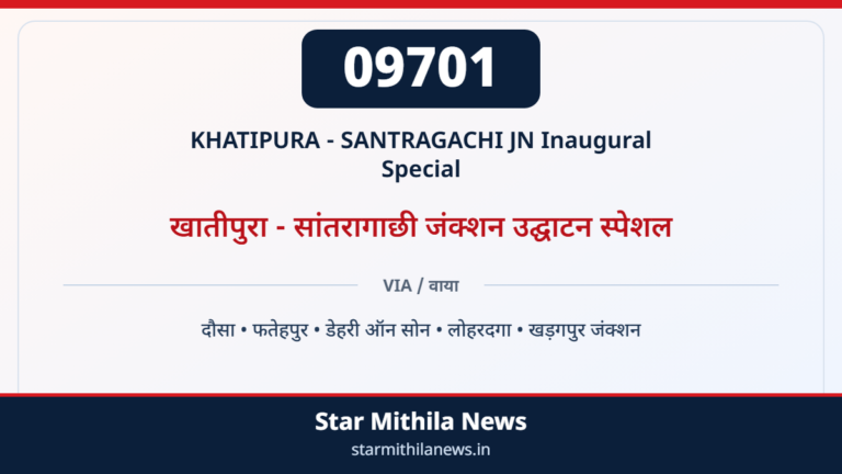 09701 KHATIPURA - SANTRAGACHI JN Inaugural Special खातीपुरा - सांतरागाछी जंक्शन उद्घाटन स्पेशल — दौसा, फतेहपुर, डेहरी ऑन सोन, लोहरदगा, खड़गपुर जंक्शन