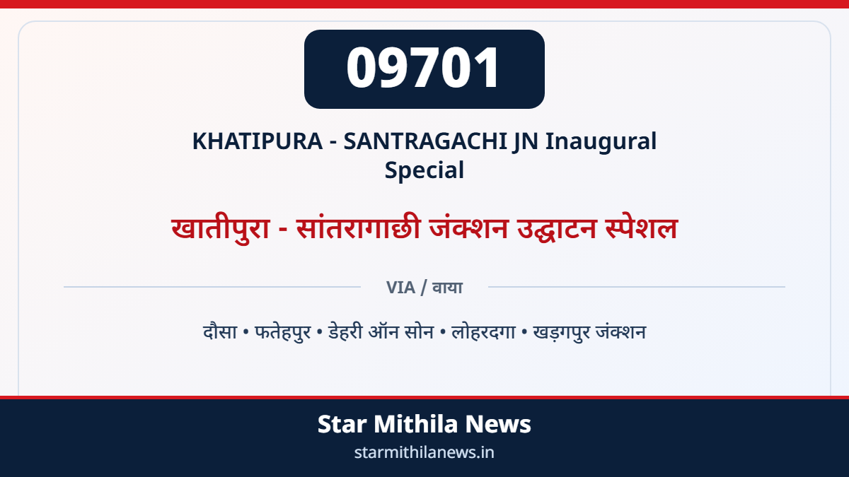 09701 KHATIPURA - SANTRAGACHI JN Inaugural Special खातीपुरा - सांतरागाछी जंक्शन उद्घाटन स्पेशल — दौसा, फतेहपुर, डेहरी ऑन सोन, लोहरदगा, खड़गपुर जंक्शन