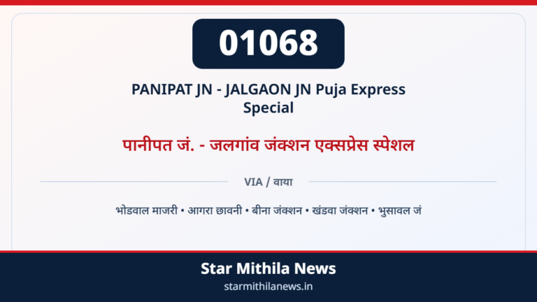 01068 PANIPAT JN - JALGAON JN Puja Express Special पानीपत जं. - जलगांव जंक्शन एक्सप्रेस स्पेशल — भोडवाल माजरी, आगरा छावनी, बीना जंक्शन, खंडवा जंक्शन, भुसावल जं