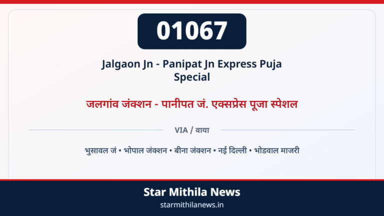 01067 Jalgaon Jn - Panipat Jn Express Puja Special जलगांव जंक्शन - पानीपत जं. एक्सप्रेस पूजा स्पेशल — भुसावल जं, भोपाल जंक्शन, बीना जंक्शन, नई दिल्ली, भोडवाल माजरी