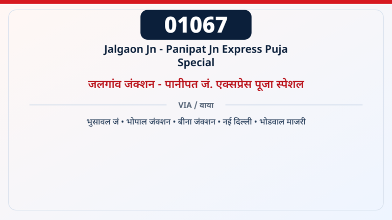 01067 Jalgaon Jn - Panipat Jn Express Puja Special जलगांव जंक्शन - पानीपत जं. एक्सप्रेस पूजा स्पेशल — भुसावल जं, भोपाल जंक्शन, बीना जंक्शन, नई दिल्ली, भोडवाल माजरी