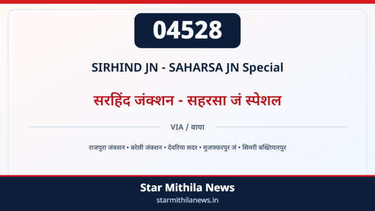 04528 SIRHIND JN - SAHARSA JN Special सरहिंद जंक्शन - सहरसा जं स्पेशल — राजपुरा जंक्शन, बरेली जंक्शन, देवरिया सदर, मुजफ्फरपुर जं, सिमरी बख्तियारपुर