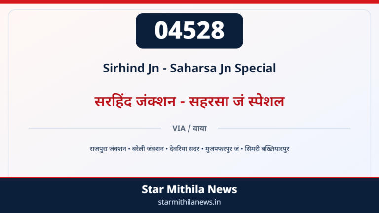 04528 Sirhind Jn - Saharsa Jn Special सरहिंद जंक्शन - सहरसा जं स्पेशल — राजपुरा जंक्शन, बरेली जंक्शन, देवरिया सदर, मुजफ्फरपुर जं, सिमरी बख्तियारपुर