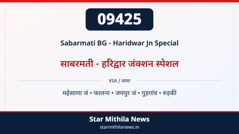 09425 Sabarmati BG - Haridwar Jn Special साबरमती - हरिद्वार जंक्शन स्पेशल — महेसाणा जं, फालना, जयपुर जं, गुड़गांव, रुड़की