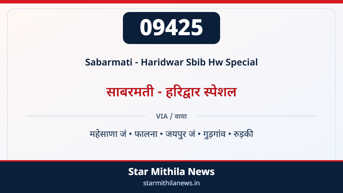 09425 Sabarmati - Haridwar Sbib Hw Special साबरमती - हरिद्वार स्पेशल — महेसाणा जं, फालना, जयपुर जं, गुड़गांव, रुड़की