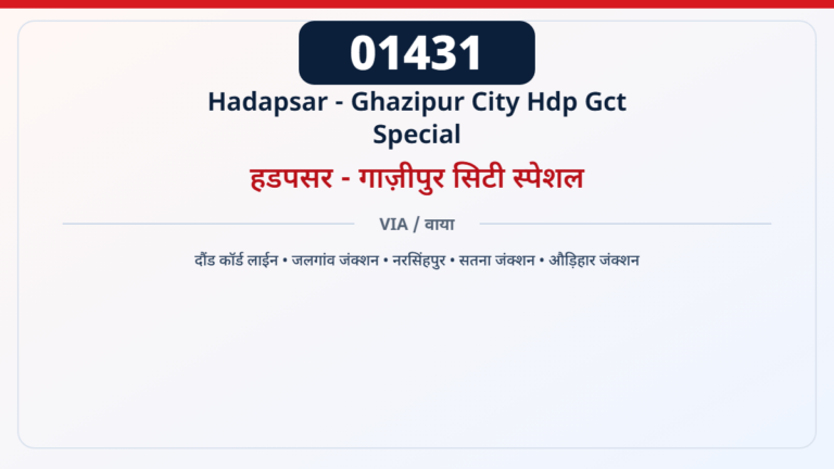 01431 Hadapsar - Ghazipur City Hdp Gct Special हडपसर - गाज़ीपुर सिटी स्पेशल — दौंड कॉर्ड लाईन, जलगांव जंक्शन, नरसिंहपुर, सतना जंक्शन, औड़िहार जंक्शन