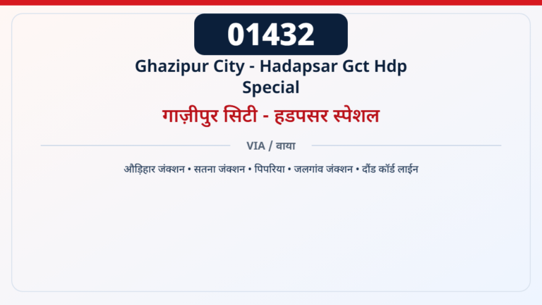 01432 Ghazipur City - Hadapsar Gct Hdp Special गाज़ीपुर सिटी - हडपसर स्पेशल — औड़िहार जंक्शन, सतना जंक्शन, पिपरिया, जलगांव जंक्शन, दौंड कॉर्ड लाईन