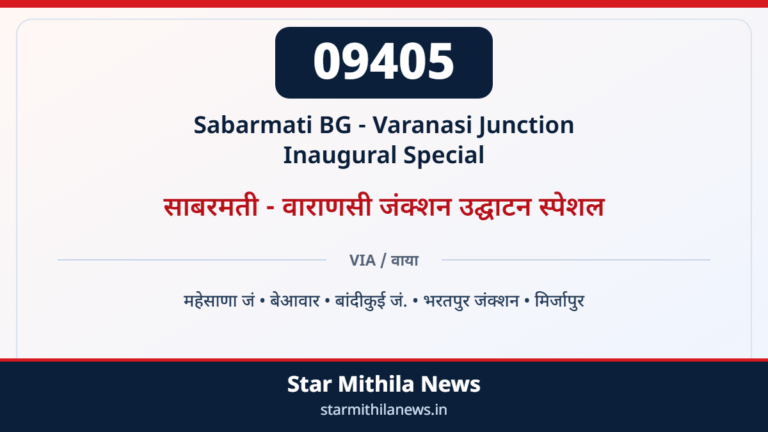 09405 Sabarmati BG - Varanasi Junction Inaugural Special साबरमती - वाराणसी जंक्शन उद्घाटन स्पेशल — महेसाणा जं, बेआवार, बांदीकुई जं., भरतपुर जंक्शन, मिर्जापुर